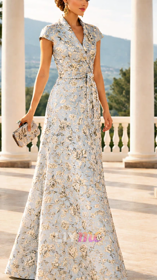 V-Neck Cap Sleeves Floral Printed A-Line Mother of Bride Dress