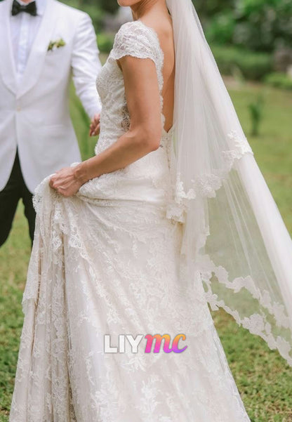 V-Neck Cap Sleeves Lace Appliques A-Line Boho Wedding Dress