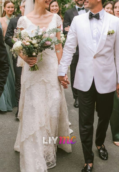 V-Neck Cap Sleeves Lace Appliques A-Line Boho Wedding Dress