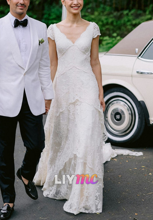 V-Neck Cap Sleeves Lace Appliques A-Line Boho Wedding Dress