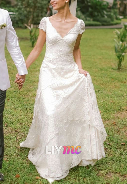 V-Neck Cap Sleeves Lace Appliques A-Line Boho Wedding Dress