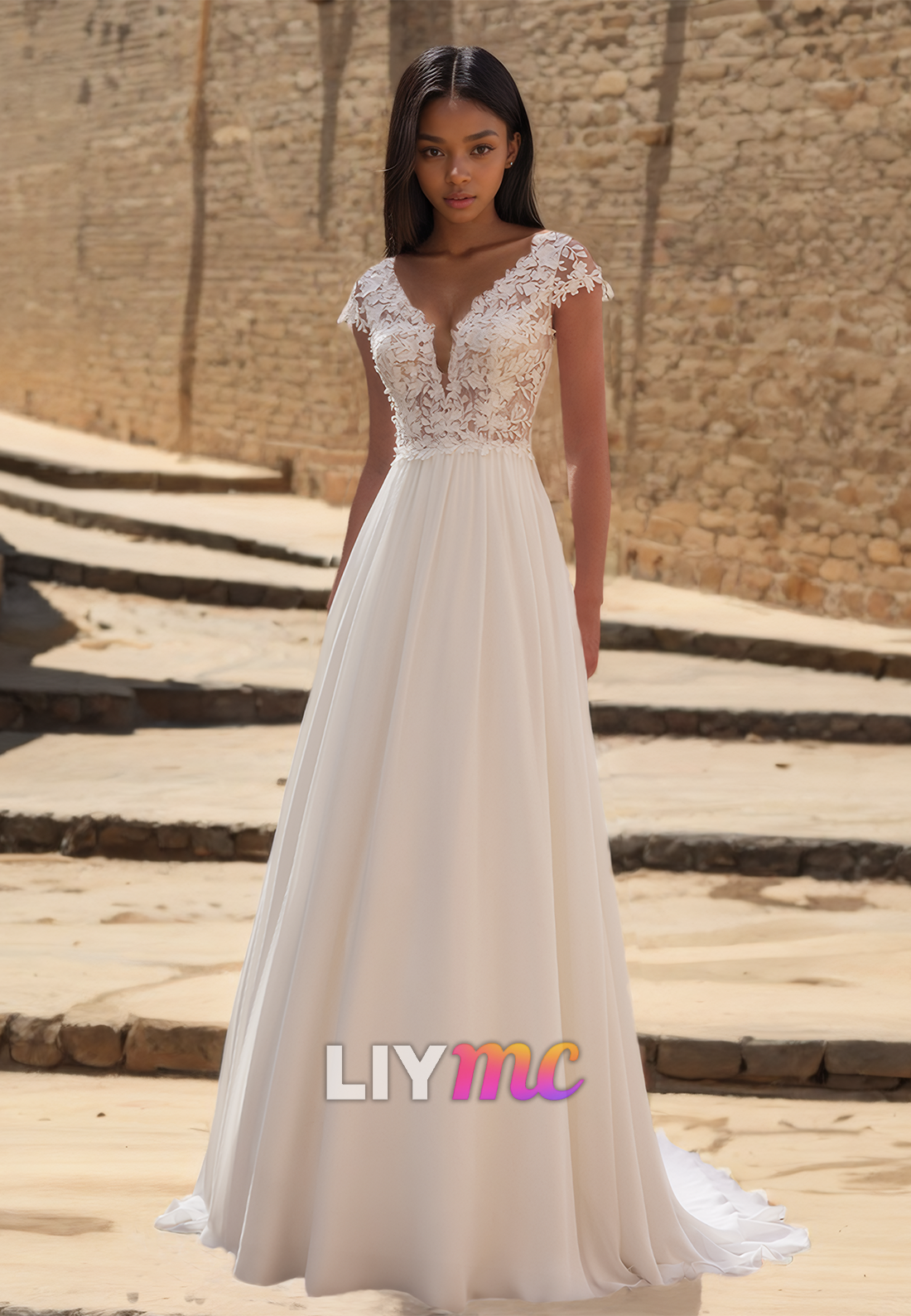 V-Neck Cap Sleeves Lace Appliques Pleated A-Line Beach Wedding Dress