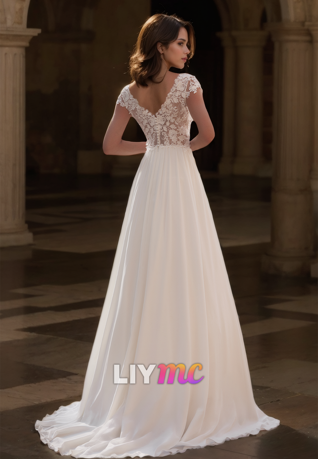 V-Neck Cap Sleeves Lace Appliques Pleated A-Line Beach Wedding Dress