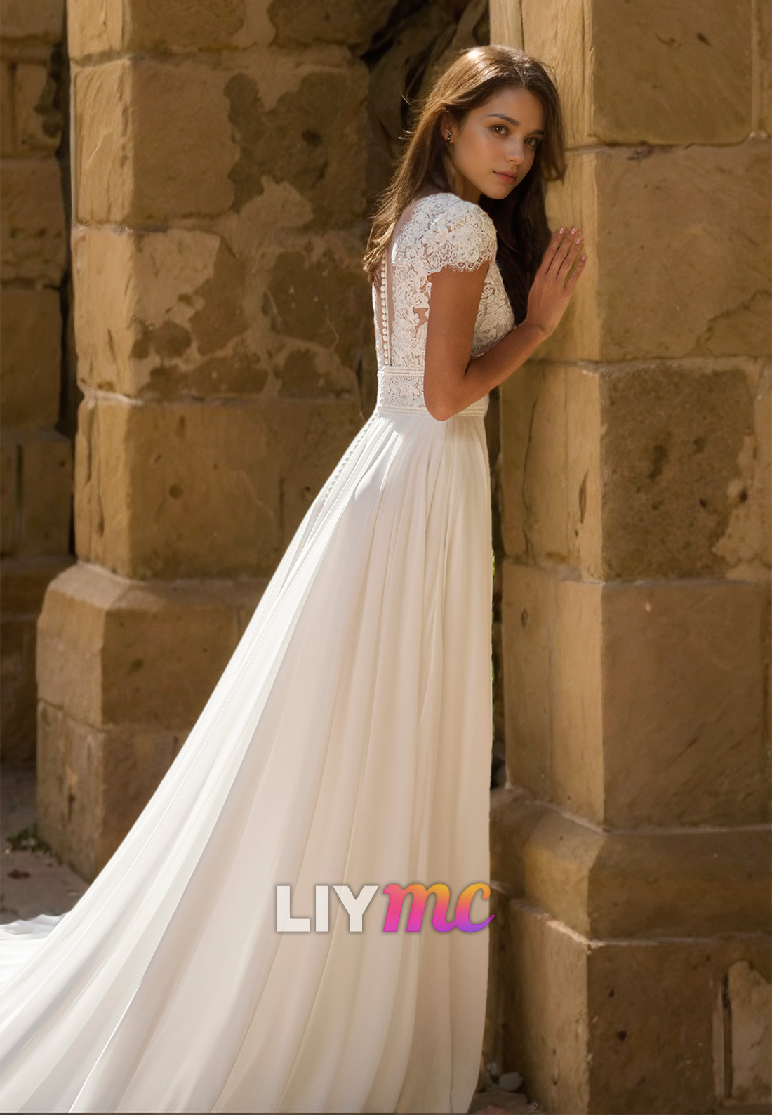 V-Neck Cap Sleeves Lace Appliques Pleated A-Line Wedding Dress