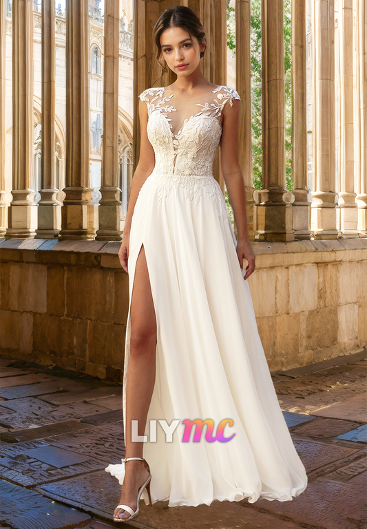 V-Neck Cap Sleeves Lace Appliques Side Slit A-Line Wedding Dress