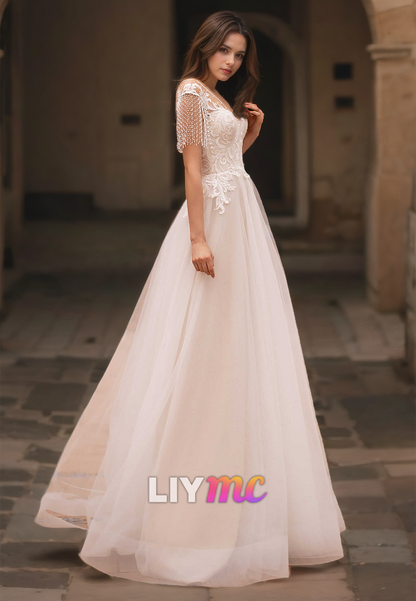 V-Neck Cap Sleeves Lace Appliques Tulle A-Line Wedding Dress