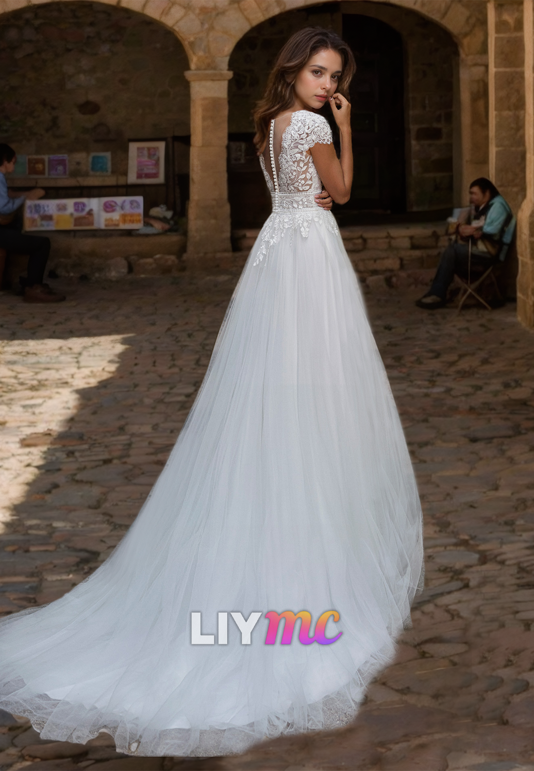 V-Neck Cap Sleeves Lace Appliques Tulle A-Line Wedding Dress