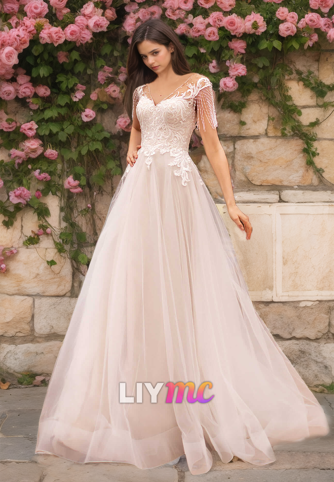 V-Neck Cap Sleeves Lace Appliques Tulle A-Line Wedding Dress