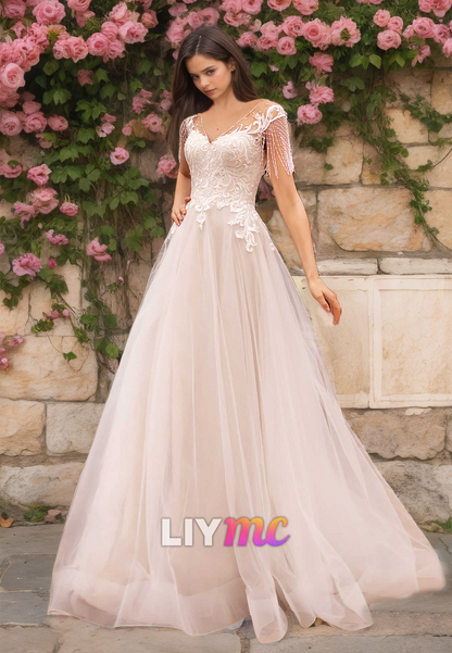 V-Neck Cap Sleeves Lace Appliques Tulle A-Line Wedding Dress