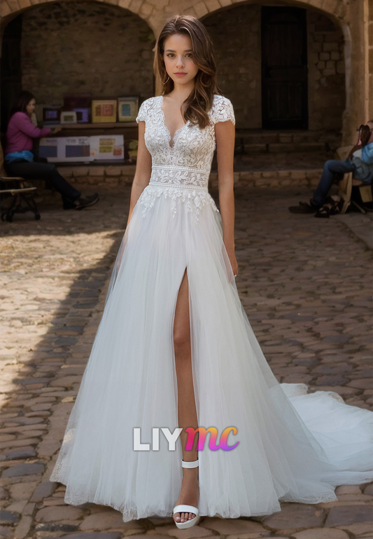 V-Neck Cap Sleeves Lace Appliques Tulle A-Line Wedding Dress