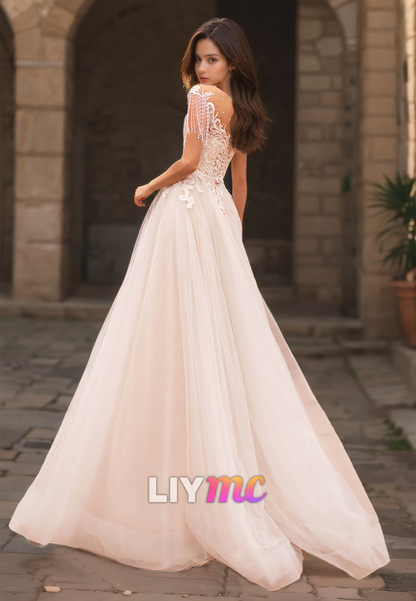 V-Neck Cap Sleeves Lace Appliques Tulle A-Line Wedding Dress