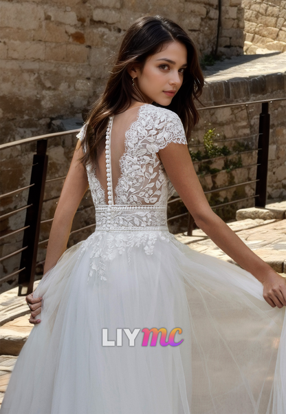 V-Neck Cap Sleeves Lace Appliques Tulle A-Line Wedding Dress