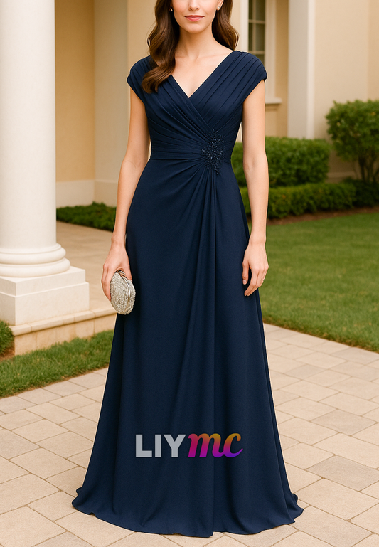 V-Neck Cap Sleeves Pleated A-Line Mother of Bride Dress