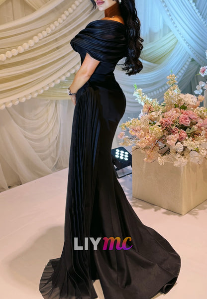V-Neck Cap Sleeves Pleated Mermaid Evening Dress