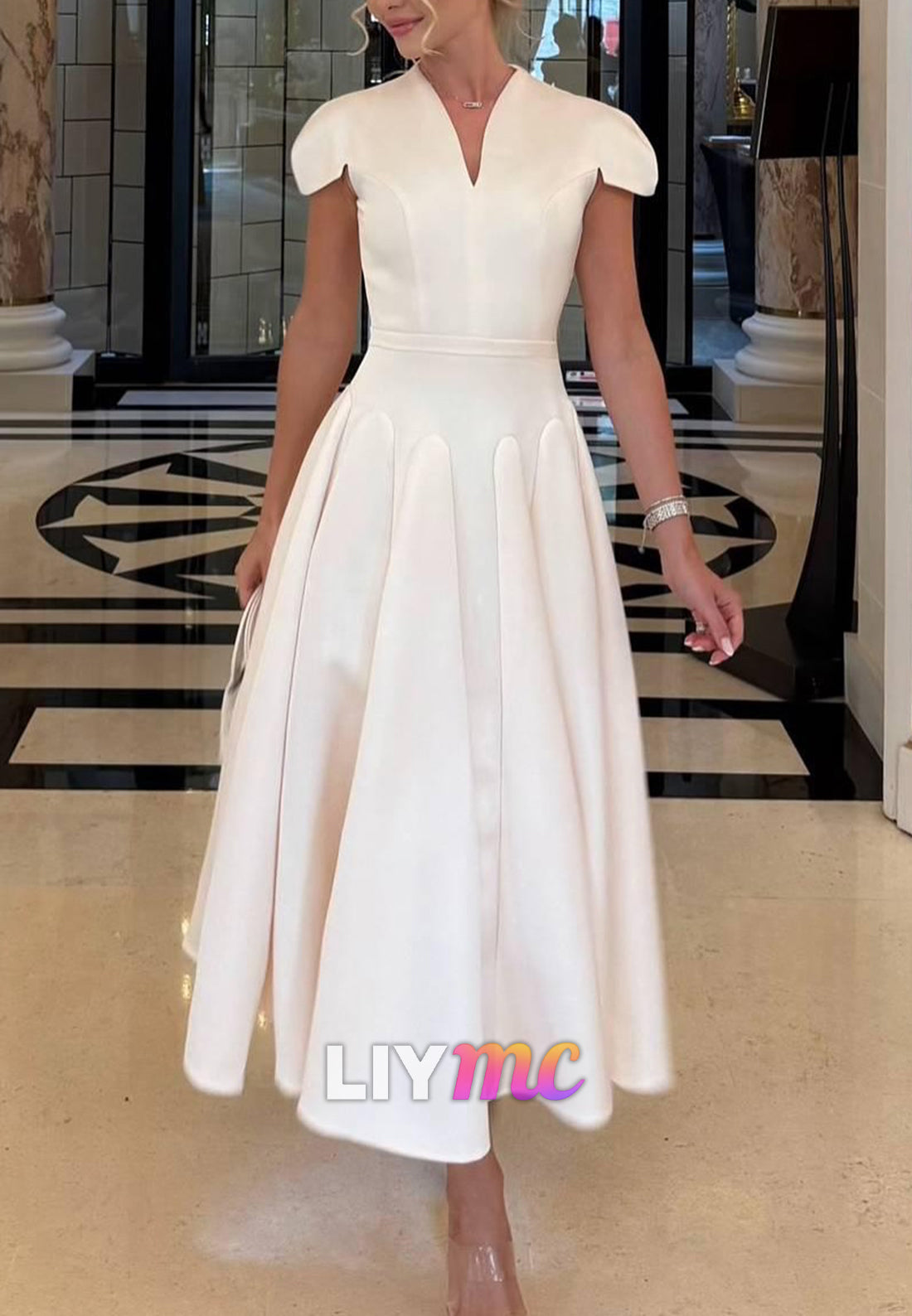 V-Neck Cap Sleeves Pleated Satin A-Line Formal Dress