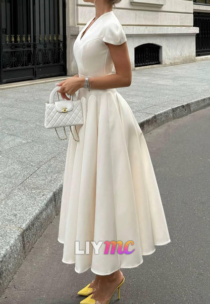 V-Neck Cap Sleeves Pleated Satin A-Line Formal Dress
