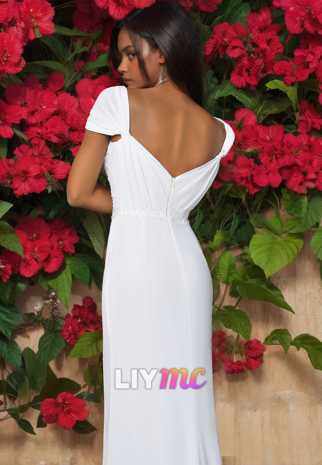 V-Neck Cap Sleeves Ruched High Slit Beach Wedding Dress