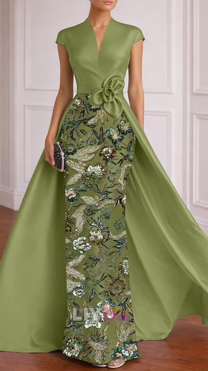 V-Neck Cap Sleeves Sequins Appliques Mermaid Mother of Bride Dress
