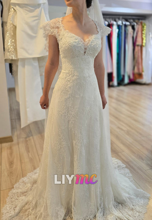 V-Neck Cap Sleeves Sequins Lace Appliques A-Line Wedding Dress