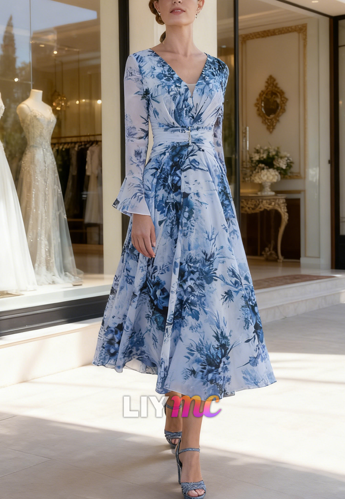 V-Neck Chiffon Floral Printed A-Line Long Sleeves Mother of Bride Dress