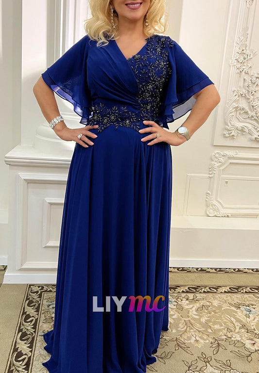 V-Neck Chiffon Short Sleeves Appliques A-Line Mother of Bride Dress