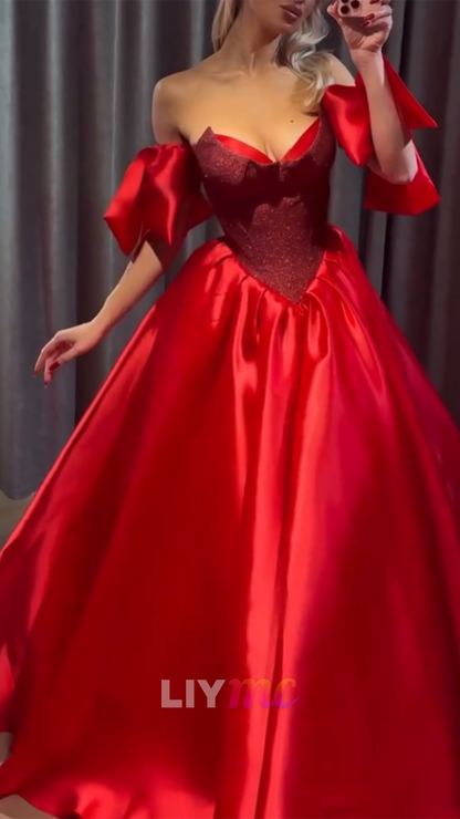 V-Neck Corset Bow Satin A-Line Red Evening Dress