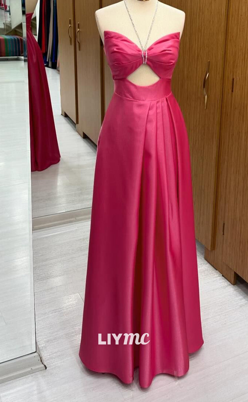 LP2259 - V-Neck Cut Ous Pleated Sleeveless Sleek Satin Cocktail Dress