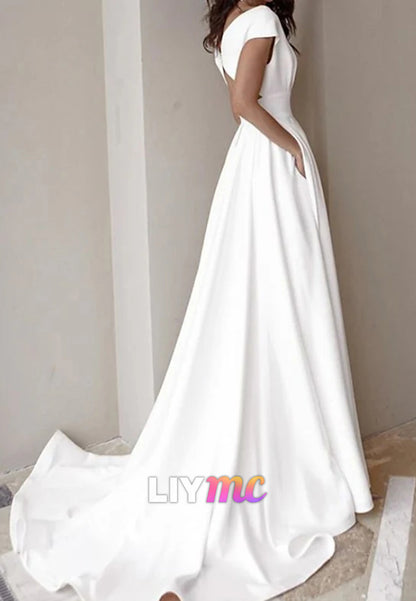 V-Neck Cap Sleeves Empire Waist A-Line Beach Wedding Dress