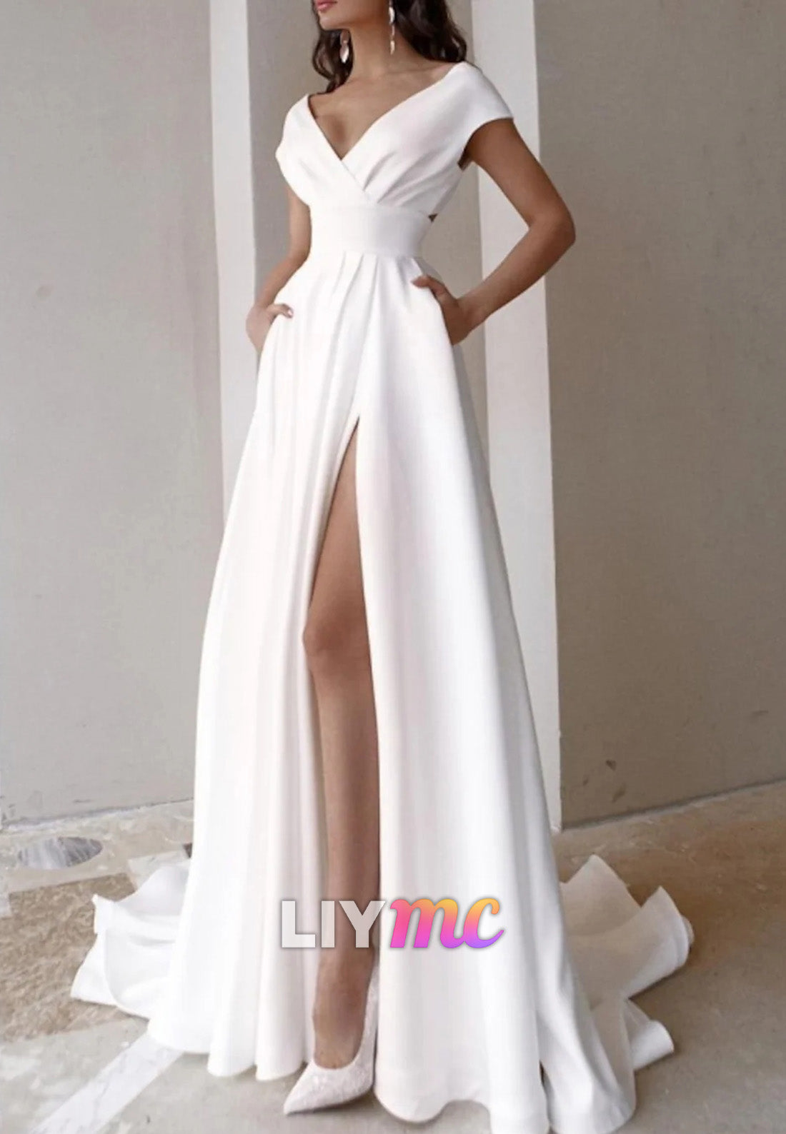 V-Neck Cap Sleeves Empire Waist A-Line Beach Wedding Dress