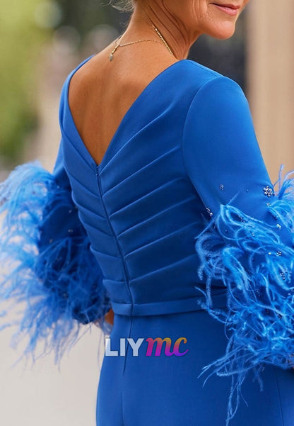 V-Neck Feathered Sleeves Mother of Bride Jumpsuits