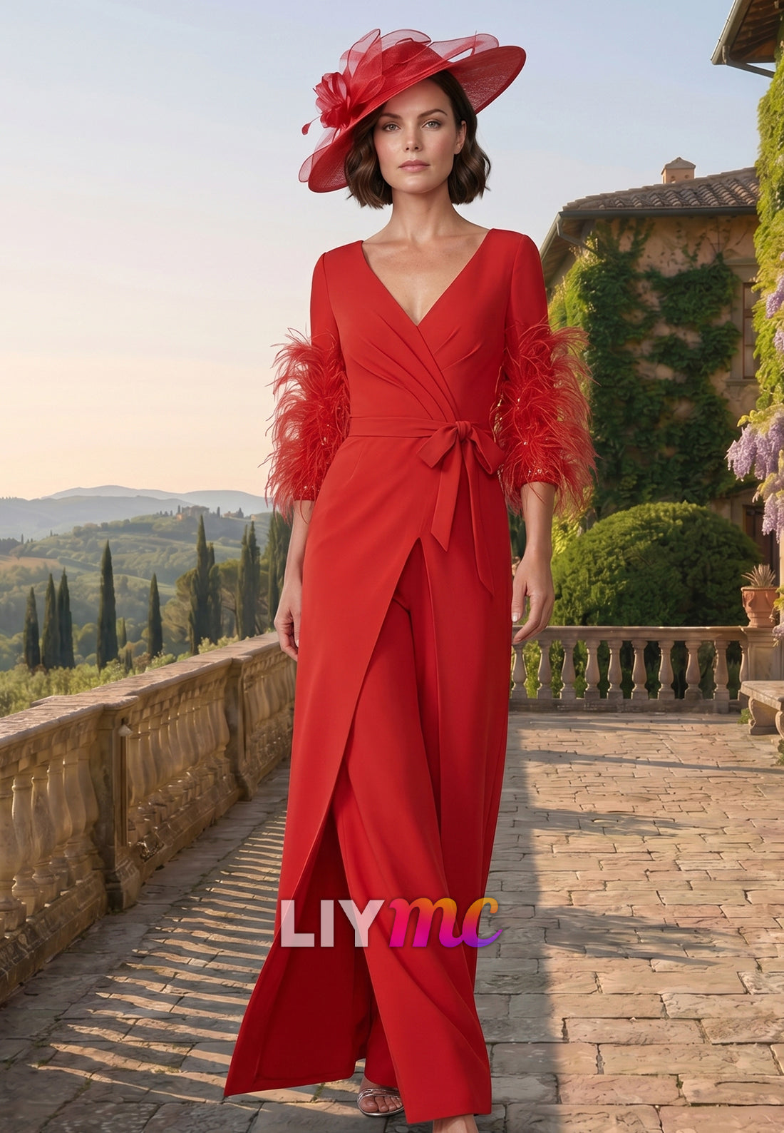 V-Neck Feathered Sleeves Mother of Bride Jumpsuits