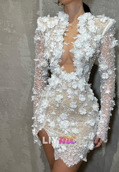 V-Neck Floral Appliques Long Sleeves Sheath Wedding Dress