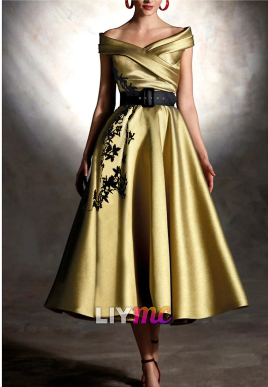 V-Neck Floral Appliques Satin Pleated Cocktail Mother of Bride Dress