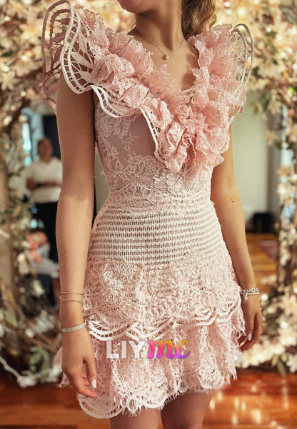 V-Neck Floral Appliques Tiered A-Line Short Party Homecoming Dress