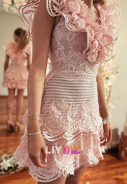 V-Neck Floral Appliques Tiered A-Line Short Party Homecoming Dress