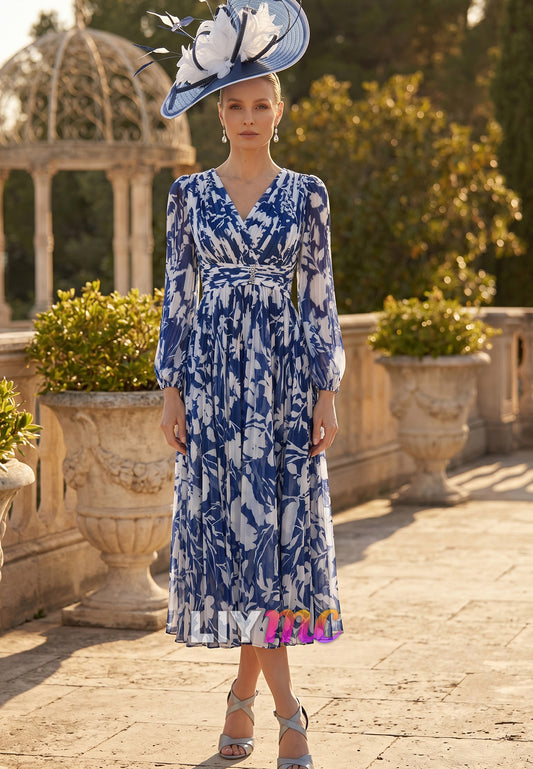 V-Neck Floral Printed Pleated A-Line Summer Mother of Bride Dress