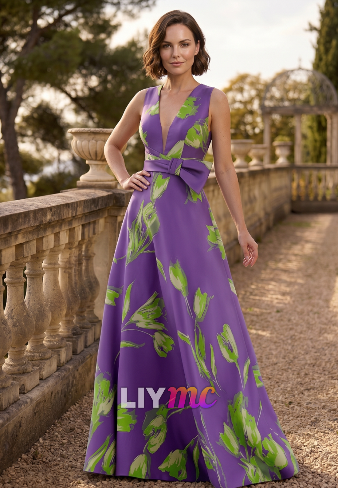 V-Neck Floral Printed Satin A-Line Mother of Bride Dress