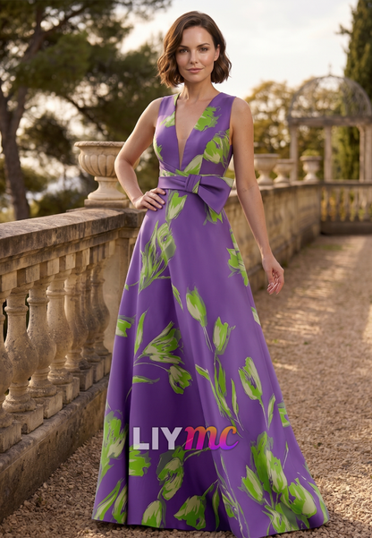 V-Neck Floral Printed Satin A-Line Mother of Bride Dress