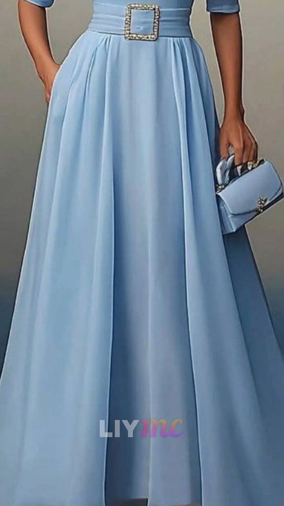 V-Neck Half Sleeves A-Line Wedding Guest Dress