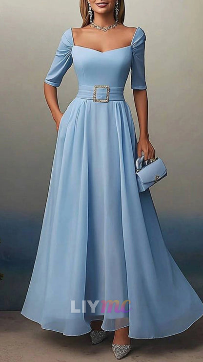 V-Neck Half Sleeves A-Line Wedding Guest Dress