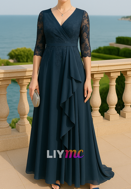 V-Neck Half Sleeves Appliques A-Line Mother of Bride  Dress