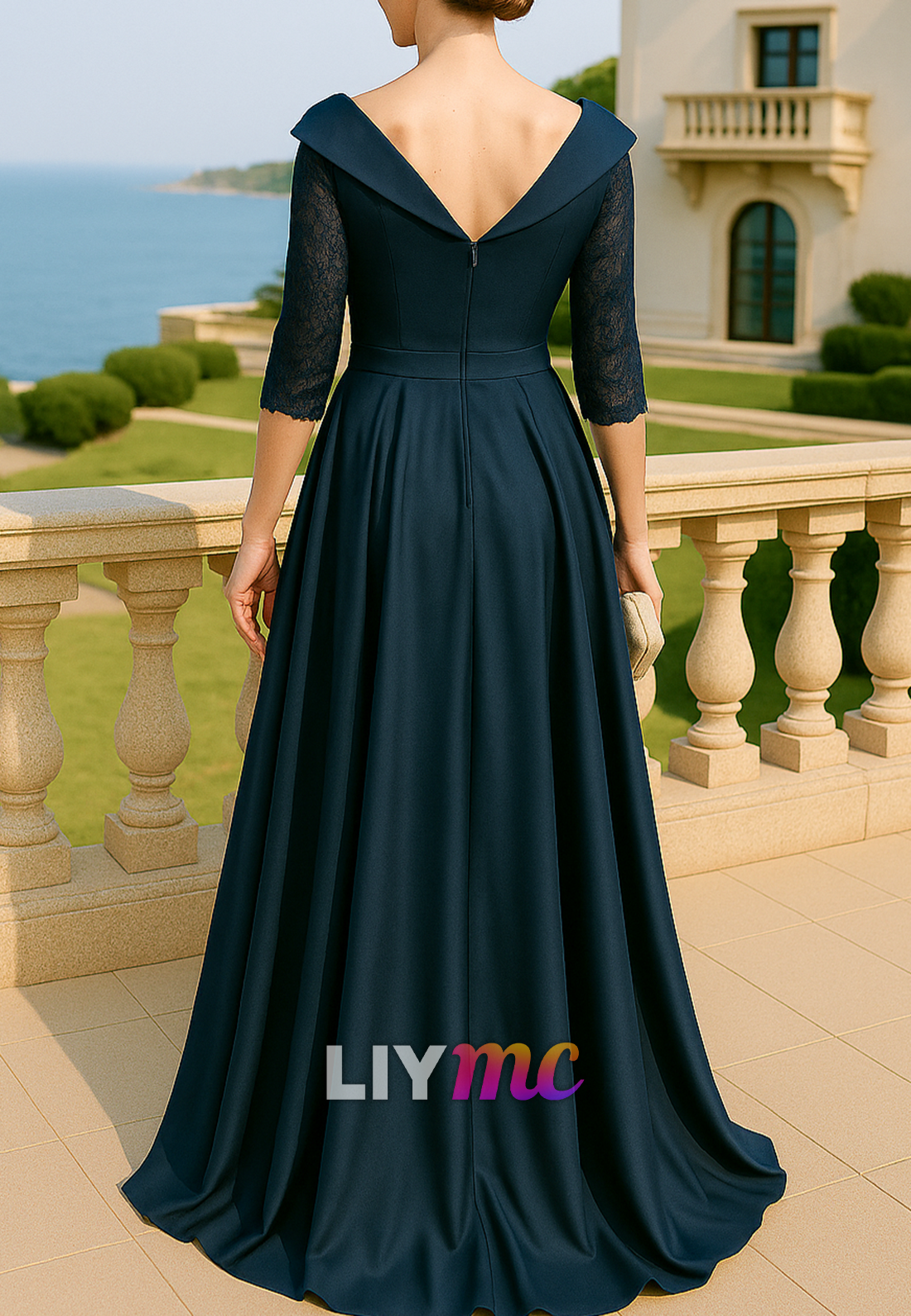 V-Neck Half Sleeves Appliques A-Line Mother of Bride Dress