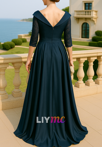 V-Neck Half Sleeves Appliques A-Line Mother of Bride Dress