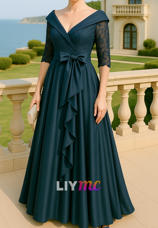 V-Neck Half Sleeves Appliques A-Line Mother of Bride Dress