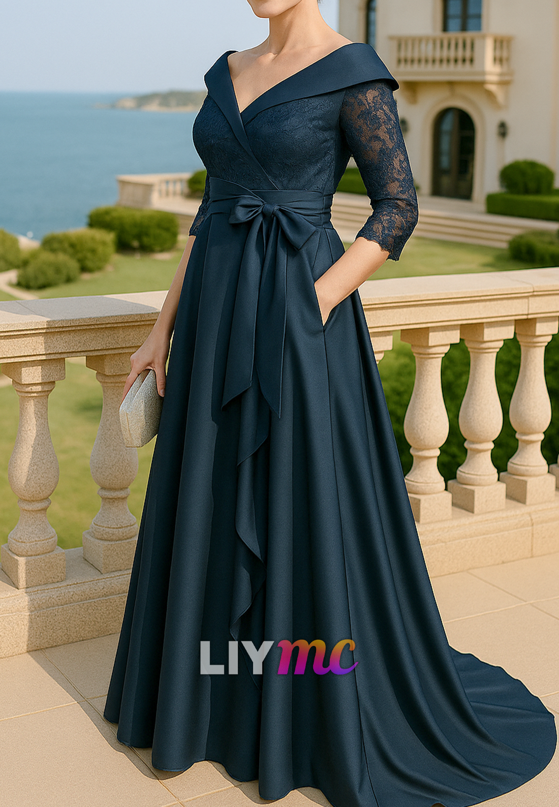 V-Neck Half Sleeves Appliques A-Line Mother of Bride Dress