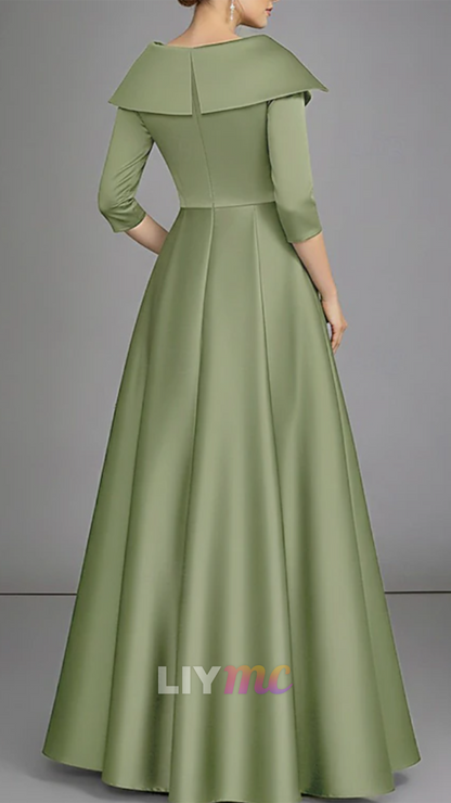 V-Neck Half Sleeves Appliques A-Line Satin Mother of Bride Dress