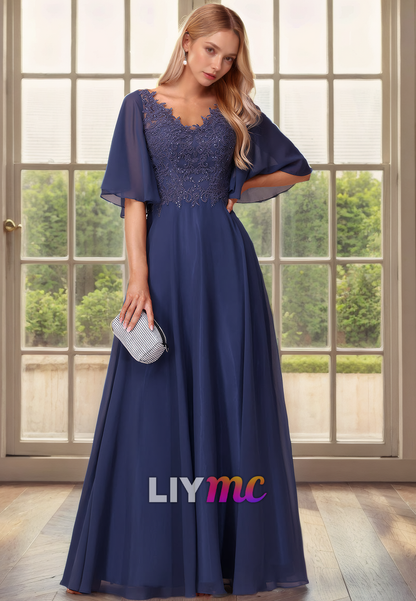 V-Neck Half Sleeves Appliques Beaded Chiffon Pleated A-Line Mother of Bride Dress Cocktail Dress