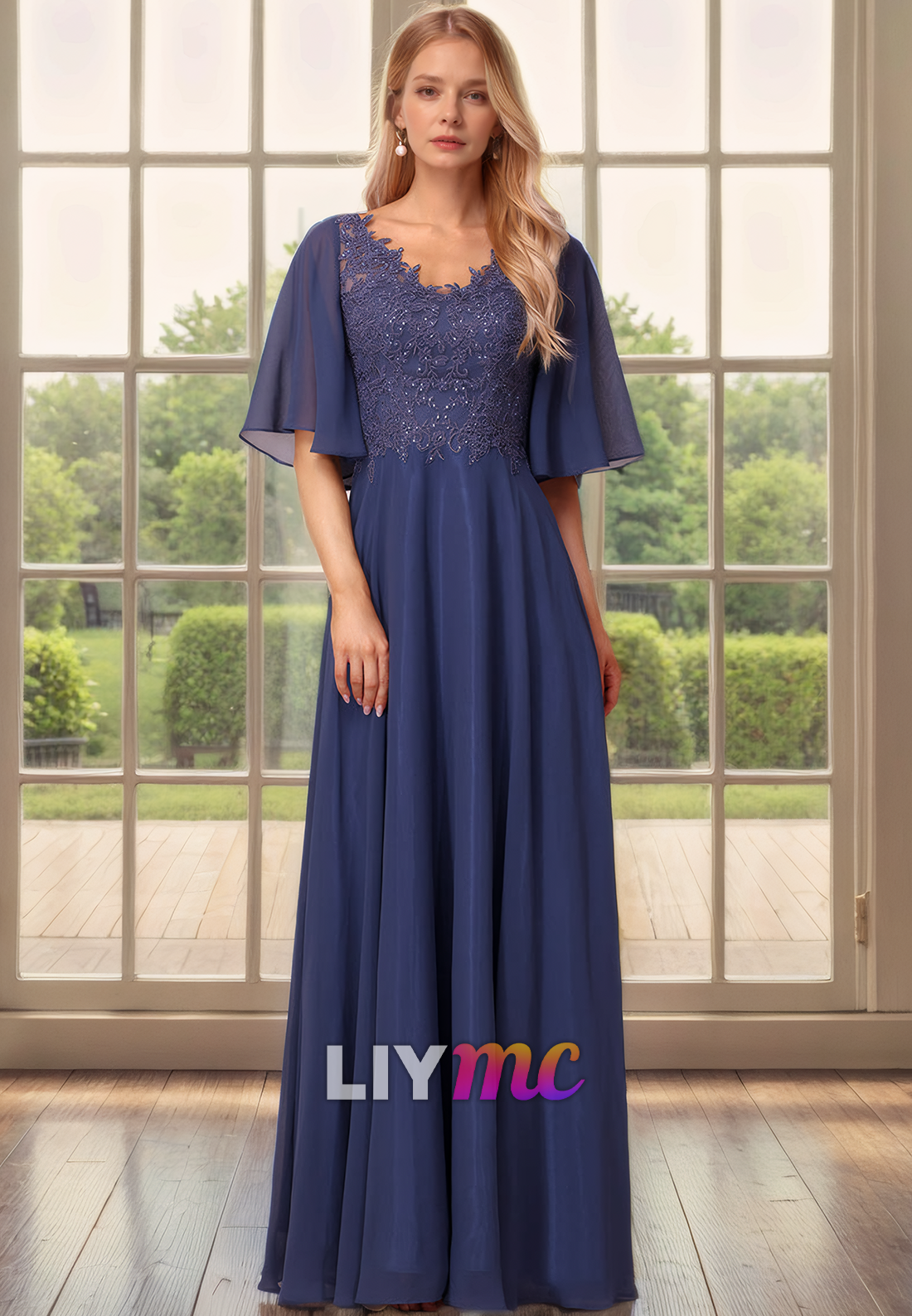 V-Neck Half Sleeves Appliques Beaded Chiffon Pleated A-Line Mother of Bride Dress Cocktail Dress