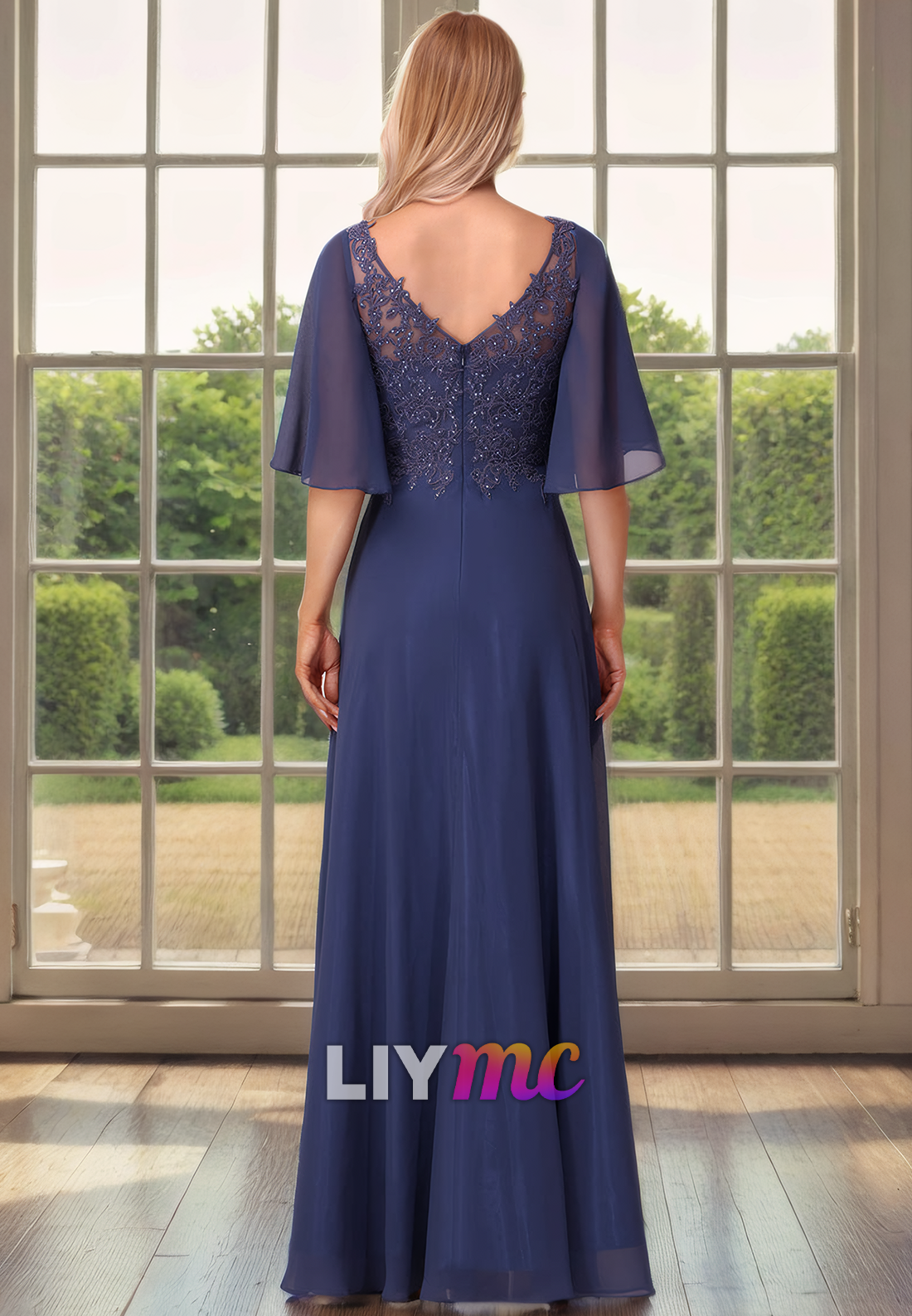 V-Neck Half Sleeves Appliques Beaded Chiffon Pleated A-Line Mother of Bride Dress Cocktail Dress