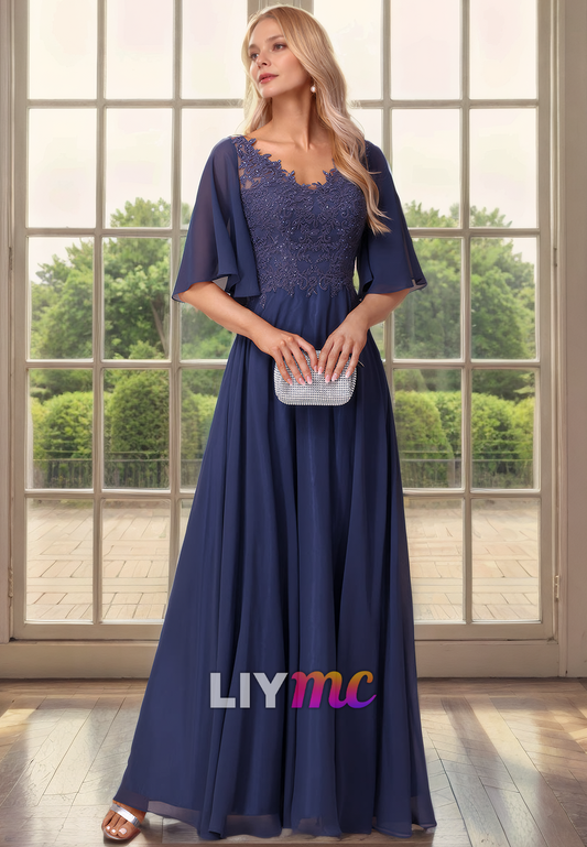 V-Neck Half Sleeves Appliques Beaded Chiffon Pleated A-Line Mother of Bride Dress Cocktail Dress